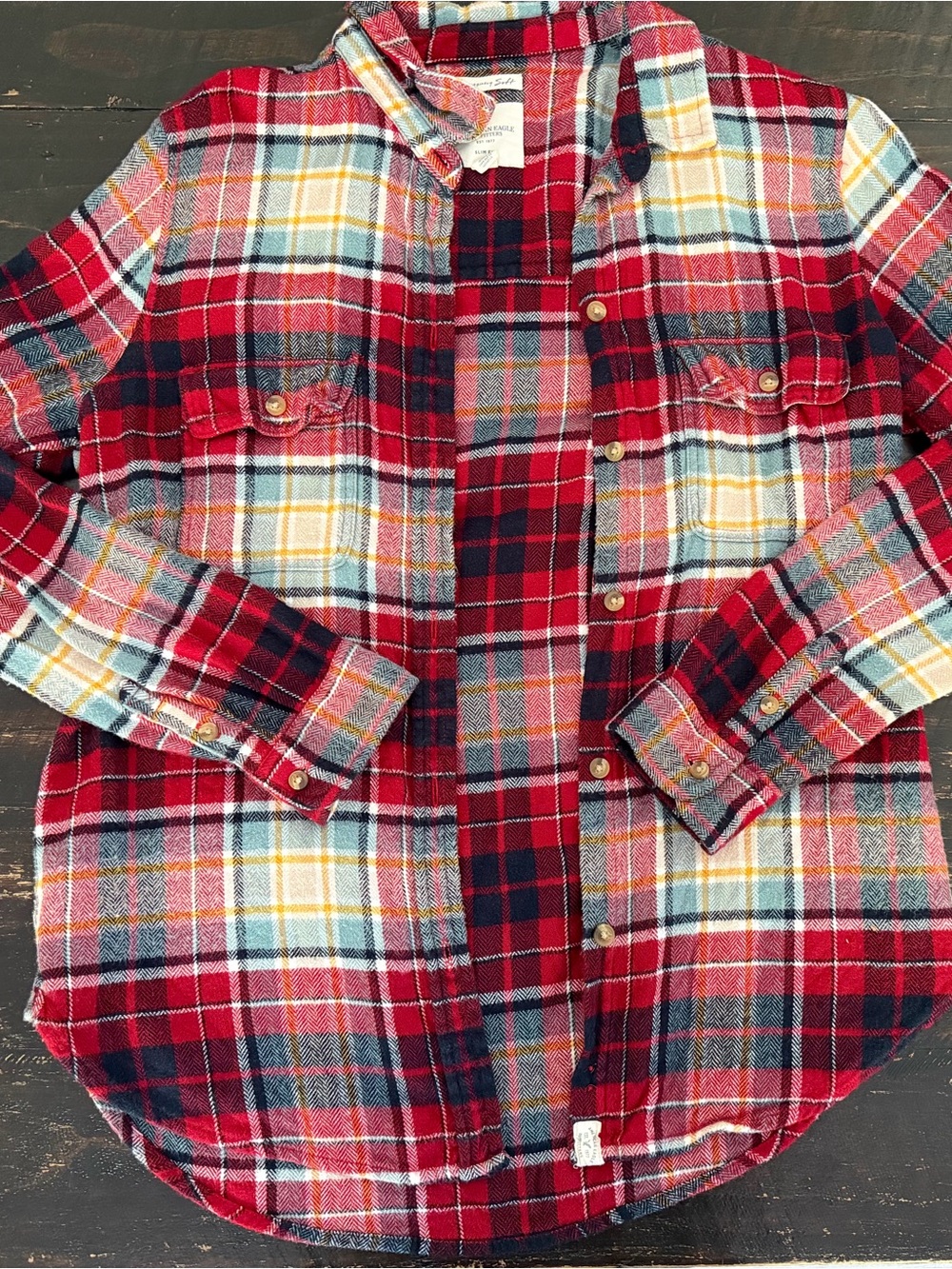 American Eagle Outfitters Red and Navy Plaid Button-Down Shirt